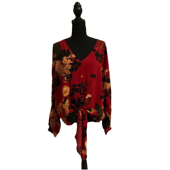 Umgee USA Womens Size Large L Top Floral Print Bishop Sleeve V Neck Waist Tie - Picture 1 of 6
